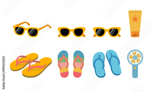 Summer vacation travel essentials icons vector set with sunglasses and fan