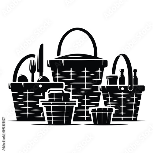 picnic baskets vector silhouette line art logo design concept illustration idea