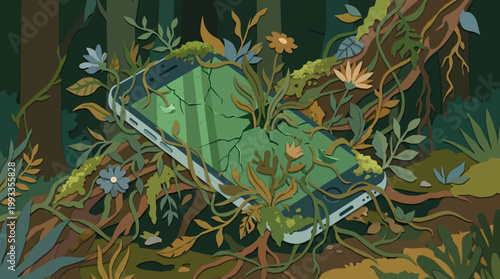 Ecosystem Reclaimed: A phone is overtaken by plant life, it underscores themes of environmental consciousness and the symbiosis between technology and nature. 
