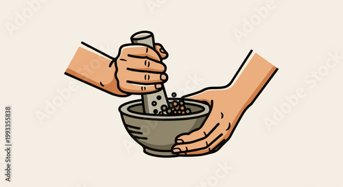 Hands grinding peppercorns in a mortar and pestle for fresh spice