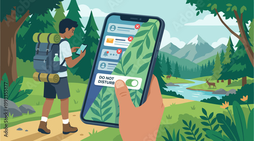 Digital Detox in Nature: A hiker in a serene natural landscape embraces a digital detox, turning off notifications and embracing the tranquility of nature. 