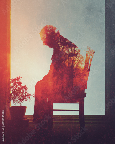 Double Exposure Silhouette of Contemplative Man with Nature Elements Reflecting Solitude and Introspection