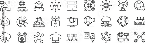 Network Web Icon Set in Line Style. Editable Stroke. Collection of Information Technology Linear Icons, Including connection, communication, technology, internet, IT, router, signal, 