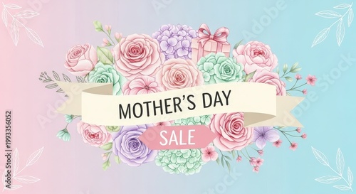 Pastel floral wreath with mother?s day sale banner, roses, succulents, and ribbon in soft pink and green tones