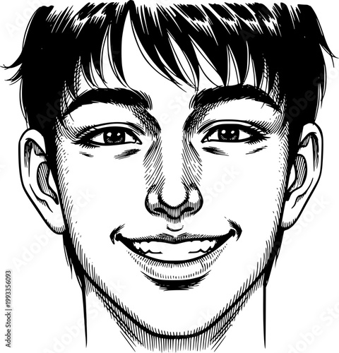 Smiling Portrait: A close-up illustration of a young man with a warm smile, capturing his approachable and friendly demeanor.
