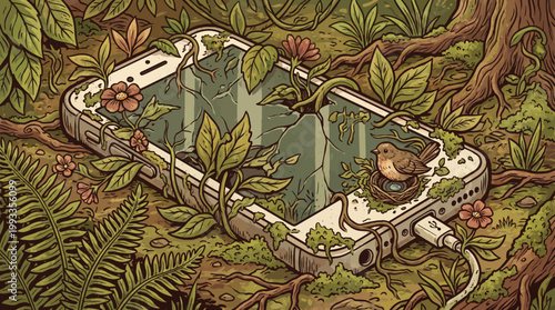 Nature reclaiming technology: An artistic representation envisions a modern smartphone reclaimed by nature. Plants, flowers, and a nest flourish within and around the device.