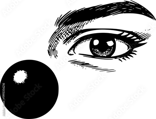 Intriguing Gaze: An eye fixated on the a mysterious black ball, creating a sense of curiosity.