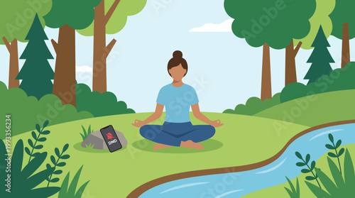 Serene Meditation: A person finding inner peace through meditation in nature, surrounded by trees and a flowing river.
