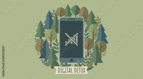 Digital Detox in Nature's Embrace: An artistic depiction of disconnecting from the digital world, presenting a smartphone with no signal amid a circle of lush trees.