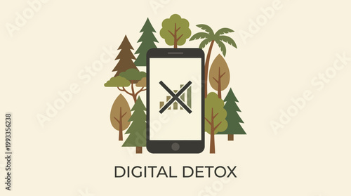 Digital Detox in Nature: A smartphone with a no signal symbol is surrounded by lush trees, representing the freedom of disconnecting and embracing the beauty of the environment.