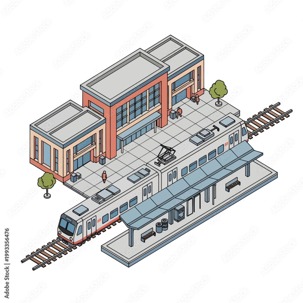 Naklejka premium Isometric Train Station Illustration with Modern Design and Infrastructure.