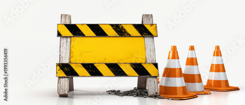 Construction sign featuring traffic cones and a safety helmet on