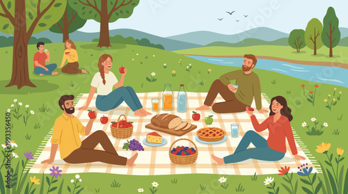 A Picturesque Picnic: Enjoying a serene day out, a gathering of friends and family relish a delightful picnic amidst a backdrop of rolling hills, a gentle stream, and verdant trees. 