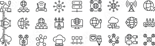 Network Web Icon Set in Line Style. Editable Stroke. Collection of Information Technology Linear Icons, Including connection, communication, technology, internet, IT, router, signal, wireless