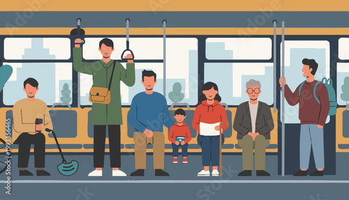 Flat vector illustration of a diverse people commuting on bus