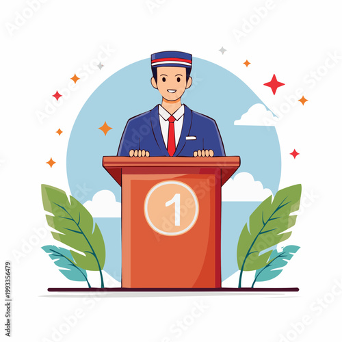 Man in Suit Speaking at Podium with Number 1 Badge