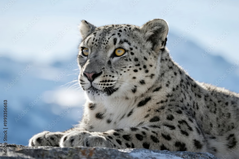 Obraz premium Snow leopard resting on rocky surface with mountainous background