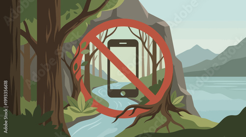 Digital Detox: A vibrant illustration depicts a serene nature scene, overlayed with a bold no phone symbol.
