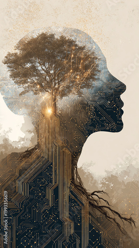 Digital Nature Harmony: Human Profile with Tree Circuitry Symbolizing Technology and Growth Connection