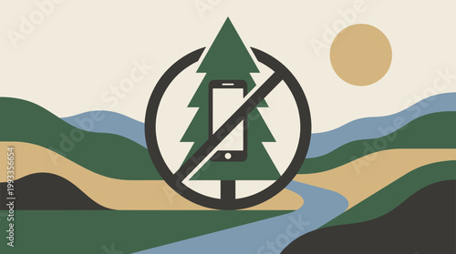 Disconnect to Reconnect: A symbolic illustration advocating for a digital detox in nature, featuring a no phone emblem superimposed on a stylized tree.