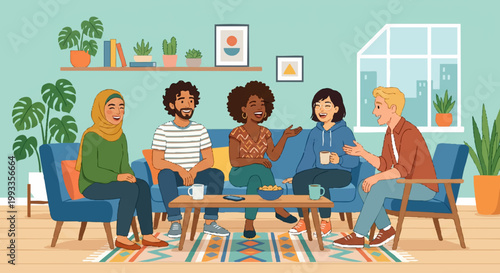 group of diverse friends hanging out together, laughing and talking