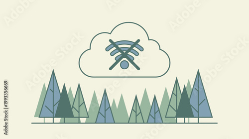 Cloud No Connection in the Forest: Illustrating a world where technology meets nature, this image uses simple lines and colors to represent a connection problem and tranquility