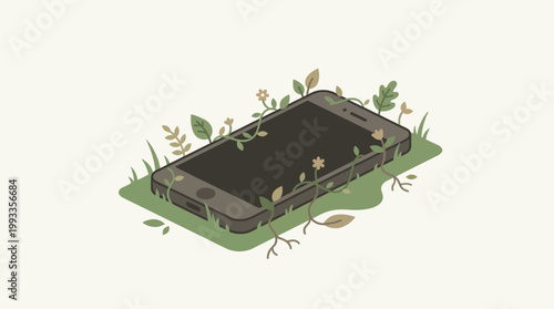 Revival: A lone smartphone, reclaimed by nature, is slowly enveloped by vibrant life and blossoming foliage, in a poignant display of sustainability and environmental awareness.