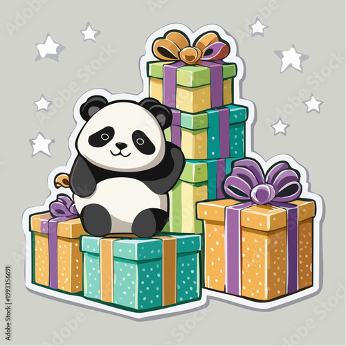 Cute Panda Sitting on Stack of Gift Boxes with Stars
