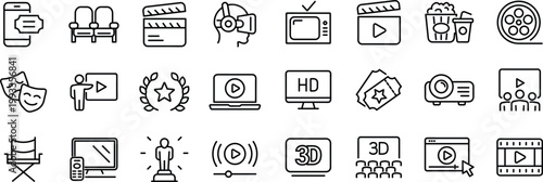 Technology set of web icons in line style.  set of web icons in line style. Editable stroke. Movie and Film linear icon collection.