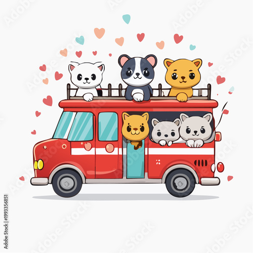Cute cartoon animals in a red van with hearts