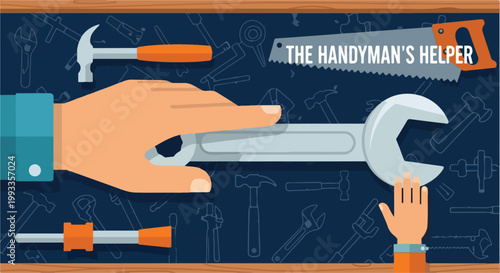 Handyman Helper Illustration. Repair Tools Concept. Flat Design Vector. Construction Work Background.
