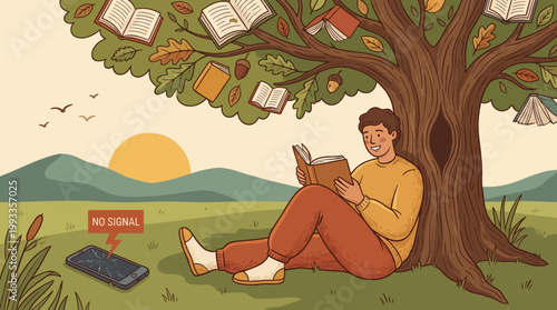 Literary Escape: A smiling individual engrossed in a book beneath a whimsical tree adorned with floating pages, leaving their device behind.