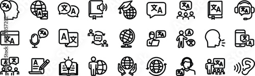 Language set of web icons in line style. Editable stroke. Translation and communication linear icon collection. Containing translate, writing, speech, speaking, dictionary, text, language.