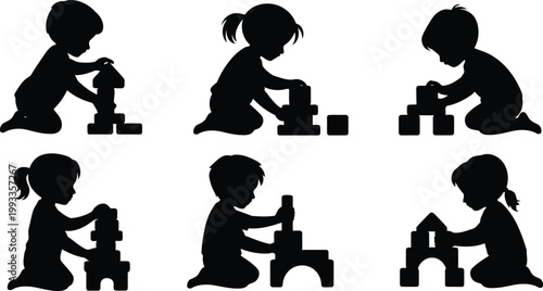 Six black silhouettes of young children playing intently with building blocks on a simple white background