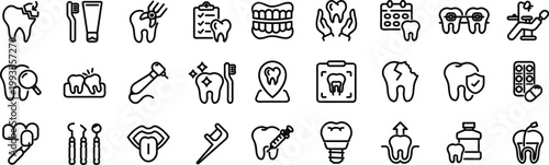 Dental Web Icon Set in Linear Style. Editable stroke. Collection of dentistry, line icons, including tooth, implant, dentist, stomatology, smile, caries, braces, toothbrush, toothpaste and more.