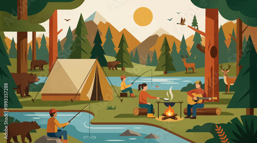 Campfire and Harmony: A vibrant illustration depicts a serene camping scene, blending outdoor exploration with the joys of community, against a backdrop of majestic mountains and lush forests.