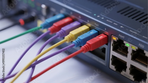 Colorful Ethernet cables connected to a network switch with illuminated status lights