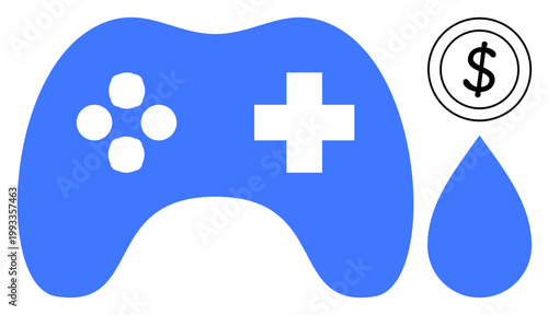 Gaming, monetization, health awareness, esports industry, gaming addiction, fundraising. Blue gaming controller with plus and buttons, blood drop and dollar sign. Gaming and monetization concept