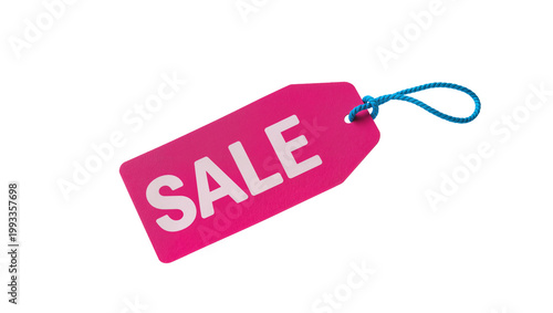 Fotografía Pink price tag with blue string displaying SALE text