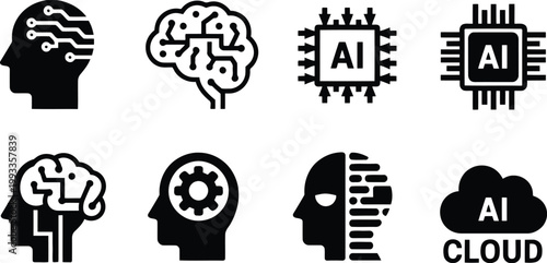 Square processor chip icon with AI letters surrounded by multiple connection pins for integration
