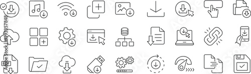 Download set of web icons in line style. Editable stroke. Upload and Download linear icon collection. Containing arrow, link, folder, download file, cloud storage, web button.