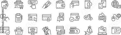 Online payment set of web icons in line style. Editable stroke. Payment linear icon collection. Containing cashless wallet, e-wallet, money transfer, banking, credit card, cash, transaction more.