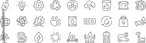 Green energy set of web icons in line style. Editable stroke. Ecology icons for web and mobile app. Solar panel, recycle, eco, green electricity, nature, bio, power, water, power and more.