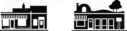 Stylized black silhouette icons depicting charming urban buildings with awnings, windows, and subtle landscape features