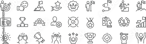 Business goal Web Icon Set in Line Style. Editable Stroke. Collection of Success Linear Icons, Including process, target, aim, focus, human resource, strategy, winner, action plan, strategy and more.