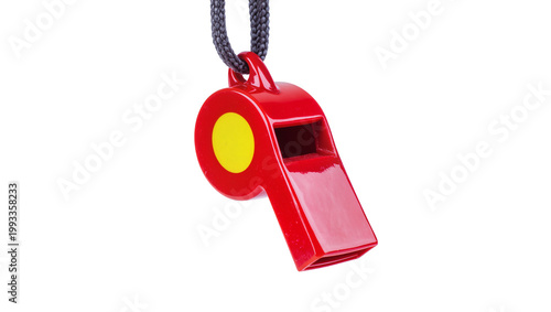 Fotografía Red plastic referee whistle with black lanyard