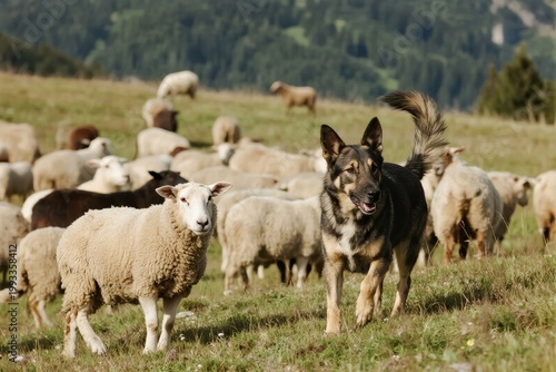 Sheepdog herding a flock of sheep in a grassy pasture with mountains in the background