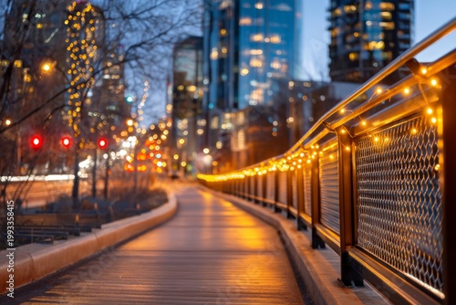 Warm Urban Walkway at Dusk with Motion Blur and Long Exposure Lights Around Pathway
