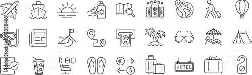 Travel and Tourism set of web icons in line style. Editable stroke. Travel and vacation icons for web and mobile app. Airport, tickets, tour, relax, hotel, recreational rest, service. 
