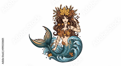 Mermaid adorned with autumn leaves, small pumpkins, and berries, sitting in blue waves